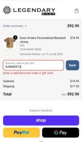 Legendary coupon verification screenshot