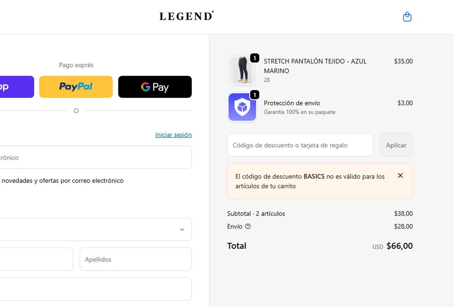 Legend London discount code screenshot showing code BASICS applied at Legend London checkout page. Uploaded by SimplyCodes community member RichterBelmont on Dec 23, 2025