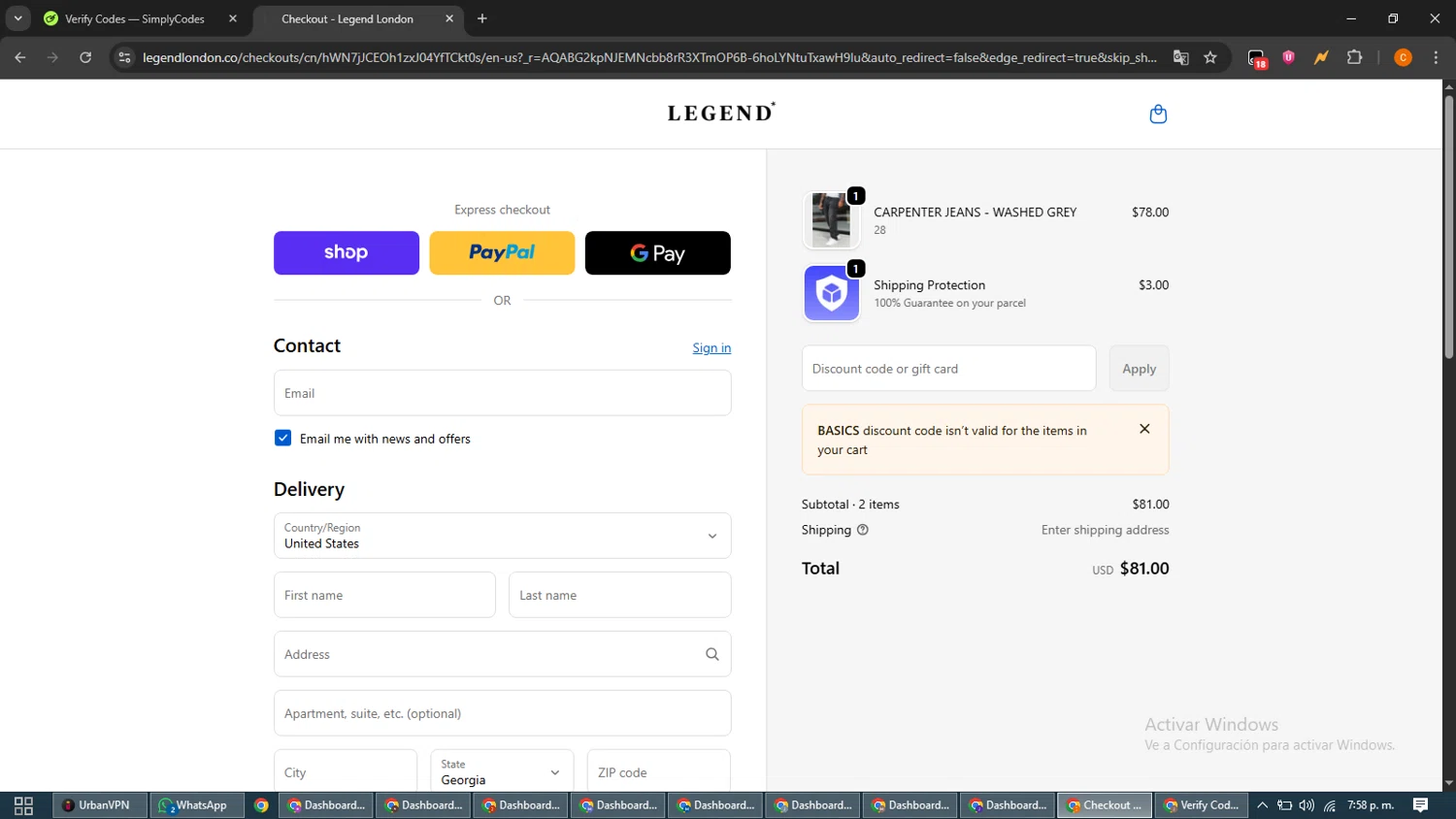 Legend London discount code screenshot showing code BASICS applied at Legend London checkout page. Uploaded by SimplyCodes community member guest_192805448 on Jan 17, 2026