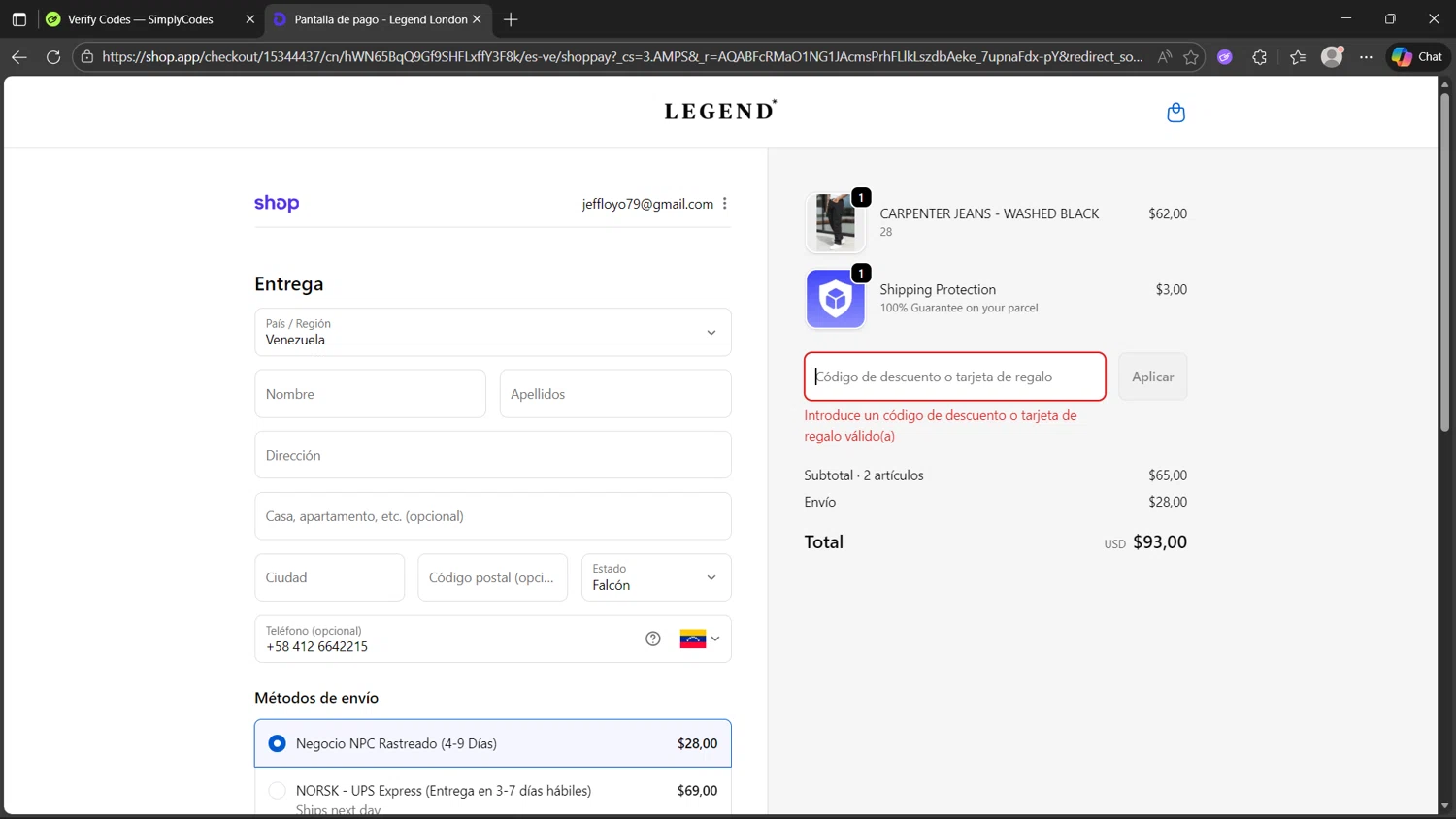 Legend London discount code screenshot showing code BRETT applied at Legend London checkout page. Uploaded by SimplyCodes community member Clairer on Dec 5, 2025