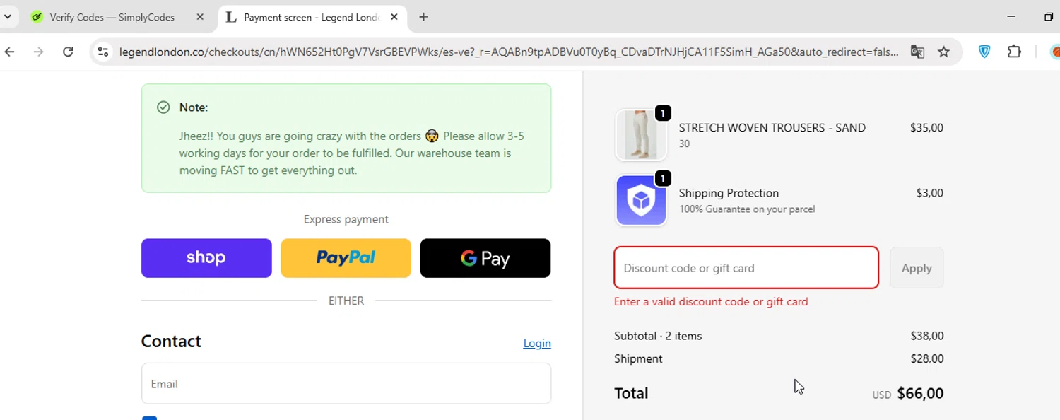 Legend London discount code screenshot showing code BRETT applied at Legend London checkout page. Uploaded by SimplyCodes community member luispepe on Dec 5, 2025