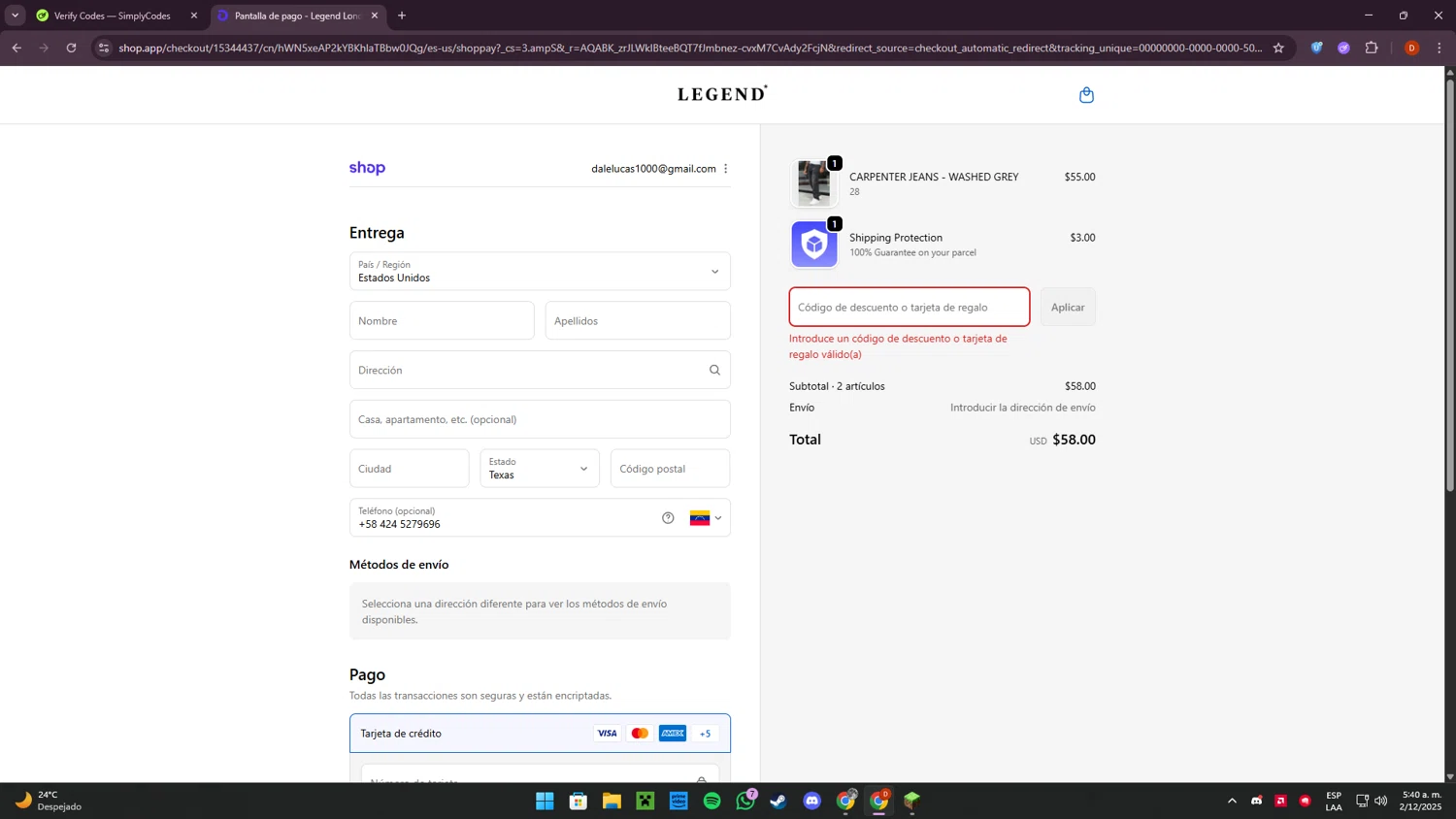 Legend London discount code screenshot showing code CODE10 applied at Legend London checkout page. Uploaded by SimplyCodes community member Corleone on Dec 2, 2025