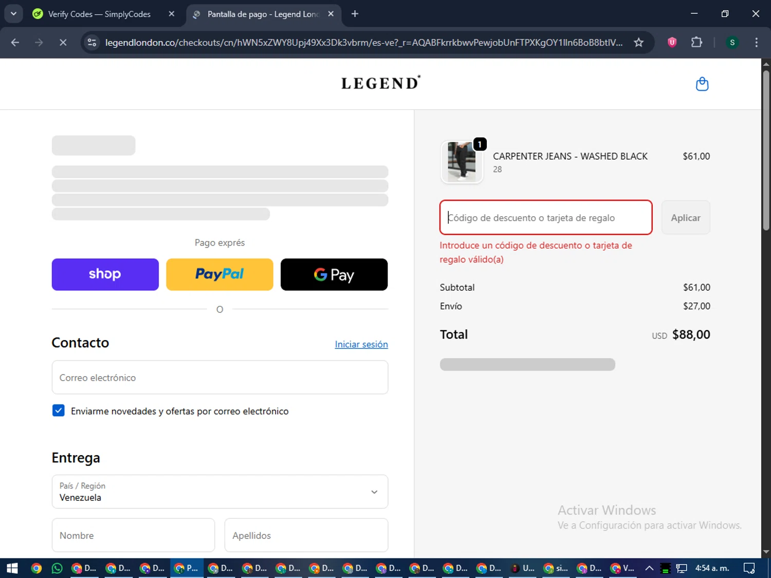 Legend London discount code screenshot showing code CODE10 applied at Legend London checkout page. Uploaded by SimplyCodes community member lilMosey on Dec 2, 2025