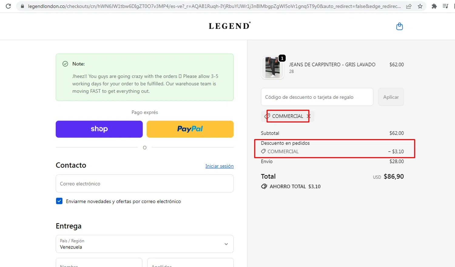 Legend London discount code screenshot showing code COMMERCIAL applied at Legend London checkout page. Uploaded by SimplyCodes community member nileskamarcano on Dec 11, 2025