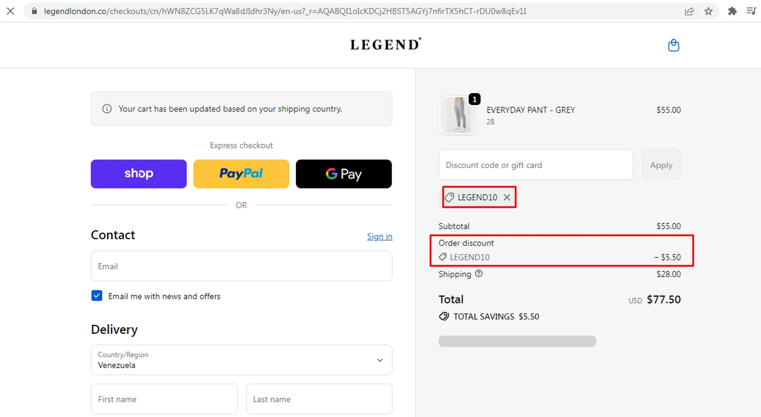 Legend London discount code screenshot showing code Legend10 applied at Legend London checkout page. Uploaded by SimplyCodes community member nileskamarcano on Feb 9, 2026