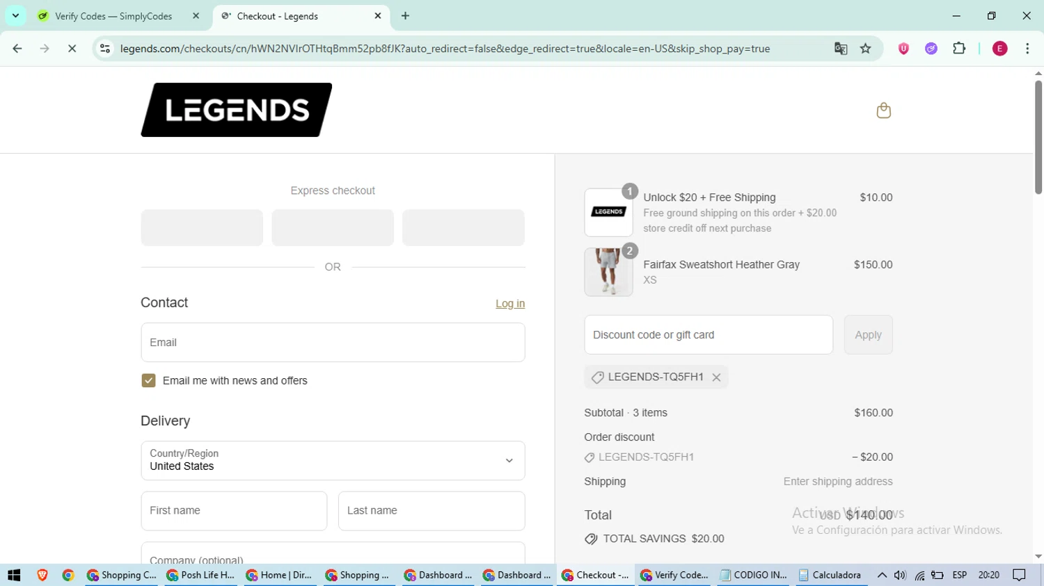 Legends promo code screenshot showing code LEGENDS-TQ5FH1 applied at Legends checkout page. Uploaded by SimplyCodes community member BrilliantWhiz4434 on Aug 30, 2025