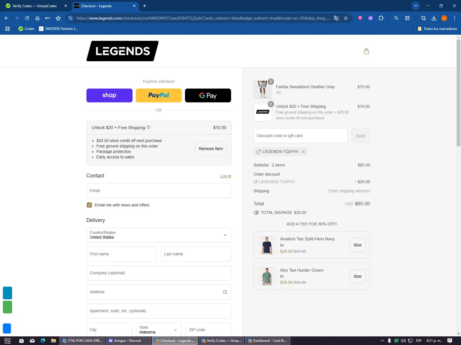 Legends promo code screenshot showing code LEGENDS-TQ5FH1 applied at Legends checkout page. Uploaded by SimplyCodes community member VictoriousSentinel2155 on Aug 30, 2025