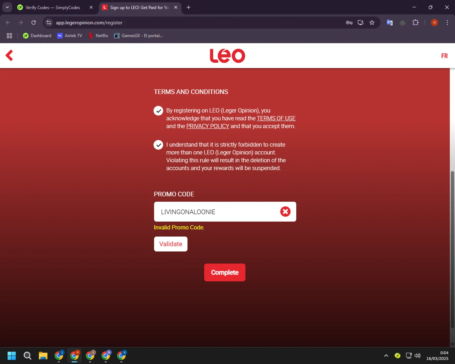 Leger Opinion promo code screenshot showing code LIVINGONALOONIE applied at Leger Opinion checkout page. Uploaded by SimplyCodes community member BudgetShopper182 on Mar 16, 2025