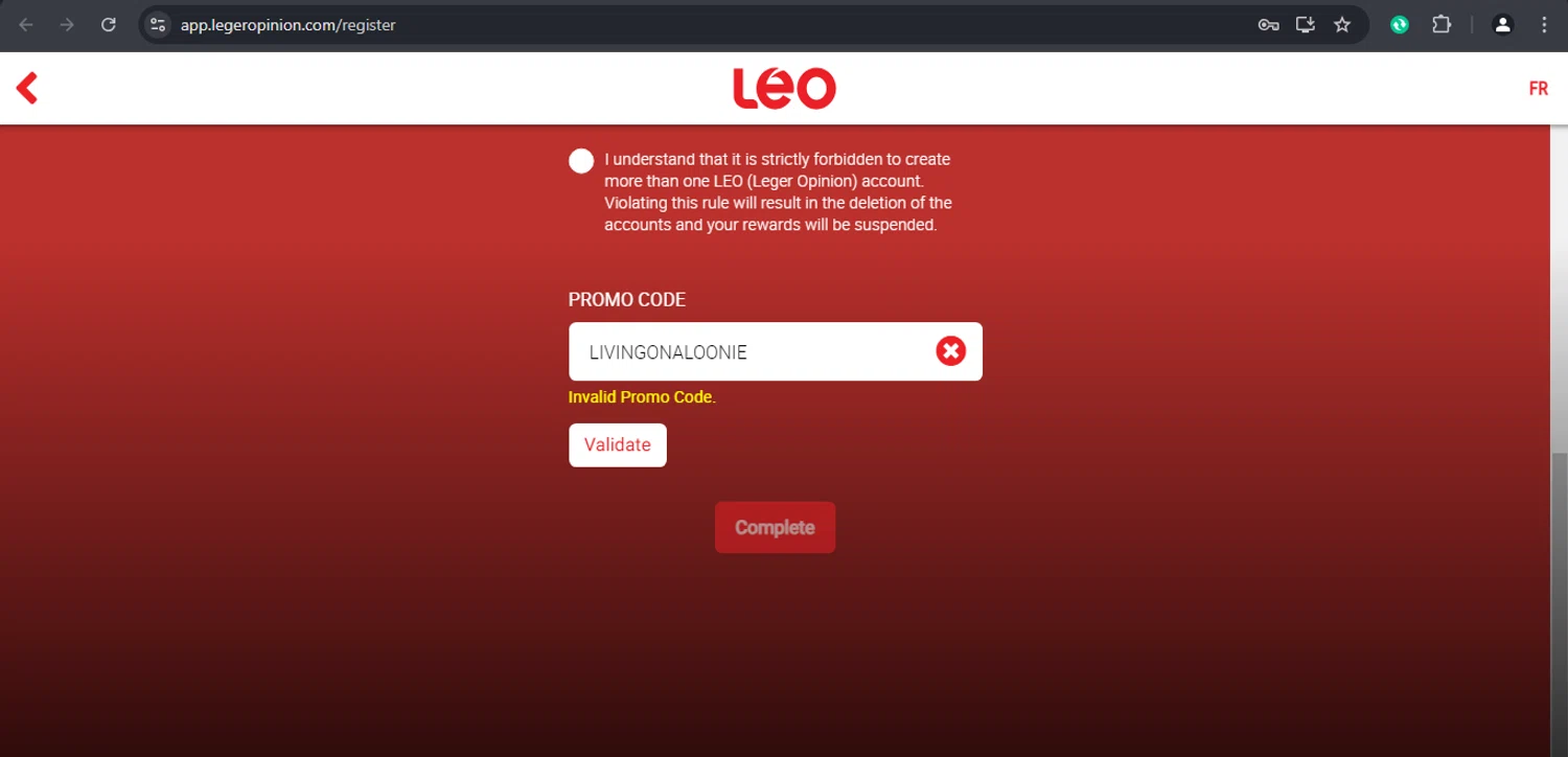 Leger Opinion promo code screenshot showing code LIVINGONALOONIE applied at Leger Opinion checkout page. Uploaded by SimplyCodes community member xaswqe on Jan 28, 2025