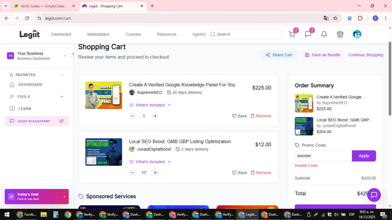 Legiit promo code screenshot showing code booster applied at Legiit checkout page. Uploaded by SimplyCodes community member snidertom8 on Dec 19, 2025
