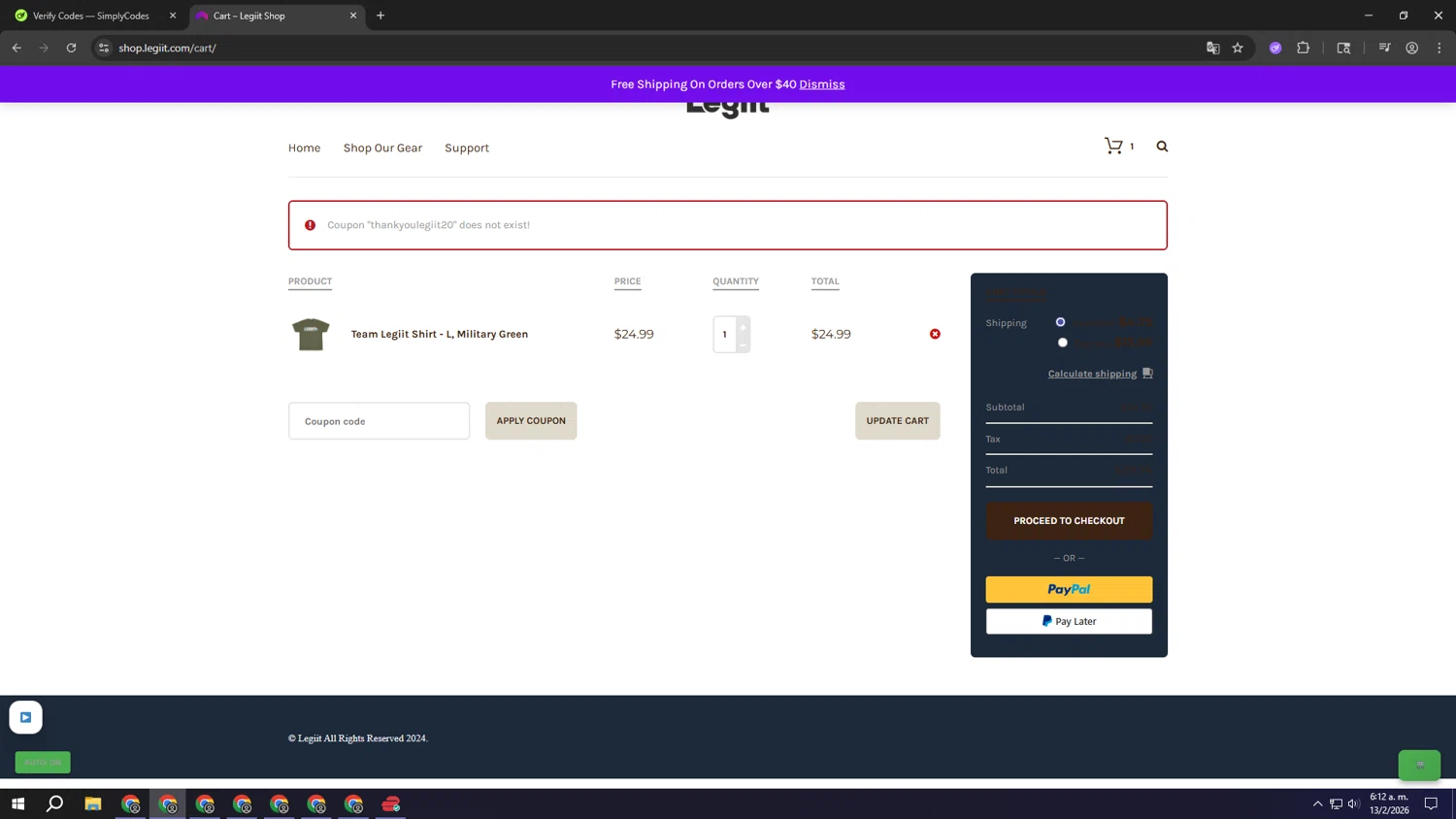 Legiit promo code screenshot showing code THANKYOULEGIIT20 applied at Legiit checkout page. Uploaded by SimplyCodes community member aaaaaaaaaaaaaaaa on Feb 13, 2026