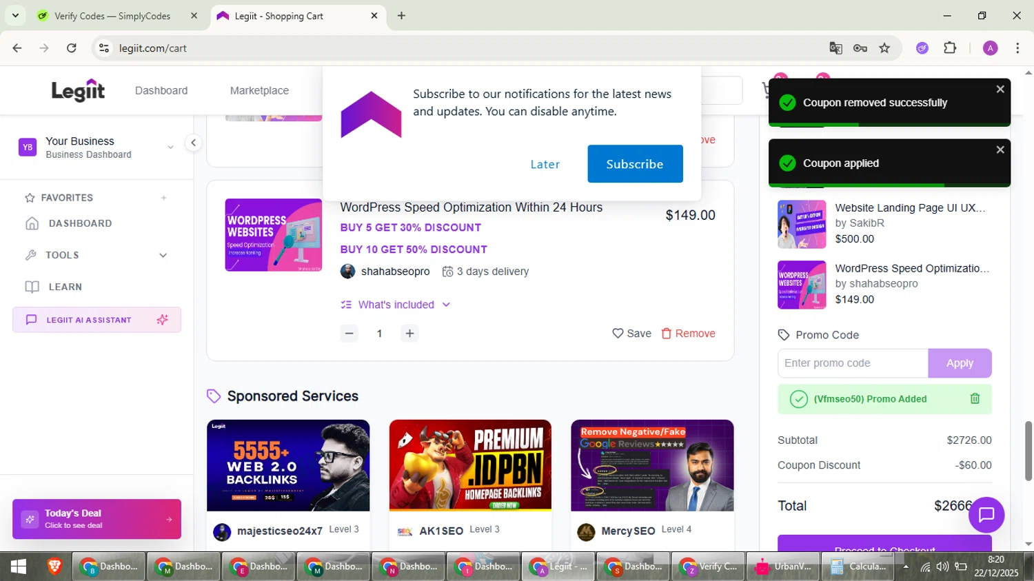 Legiit promo code screenshot showing code VFMSEO50 applied at Legiit checkout page. Uploaded by SimplyCodes community member cuieoseva on Dec 22, 2025