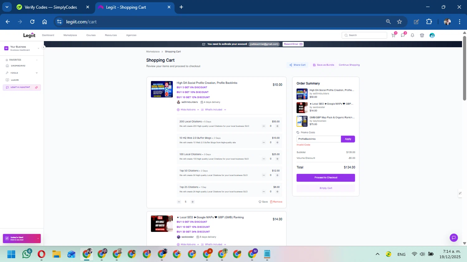 Legiit promo code screenshot showing code ProfileBacklinks applied at Legiit checkout page. Uploaded by SimplyCodes community member DavidMGF on Dec 19, 2025