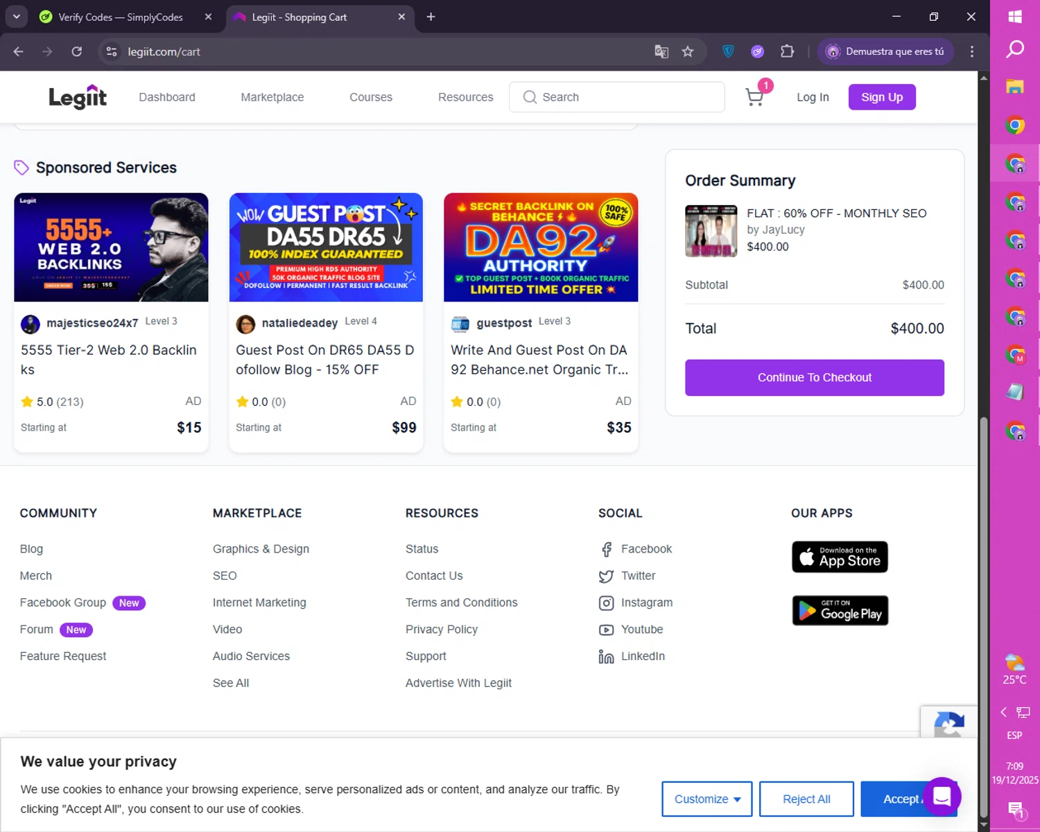 Legiit promo code screenshot showing code FLAT50 applied at Legiit checkout page. Uploaded by SimplyCodes community member CoinRanger7926 on Dec 19, 2025