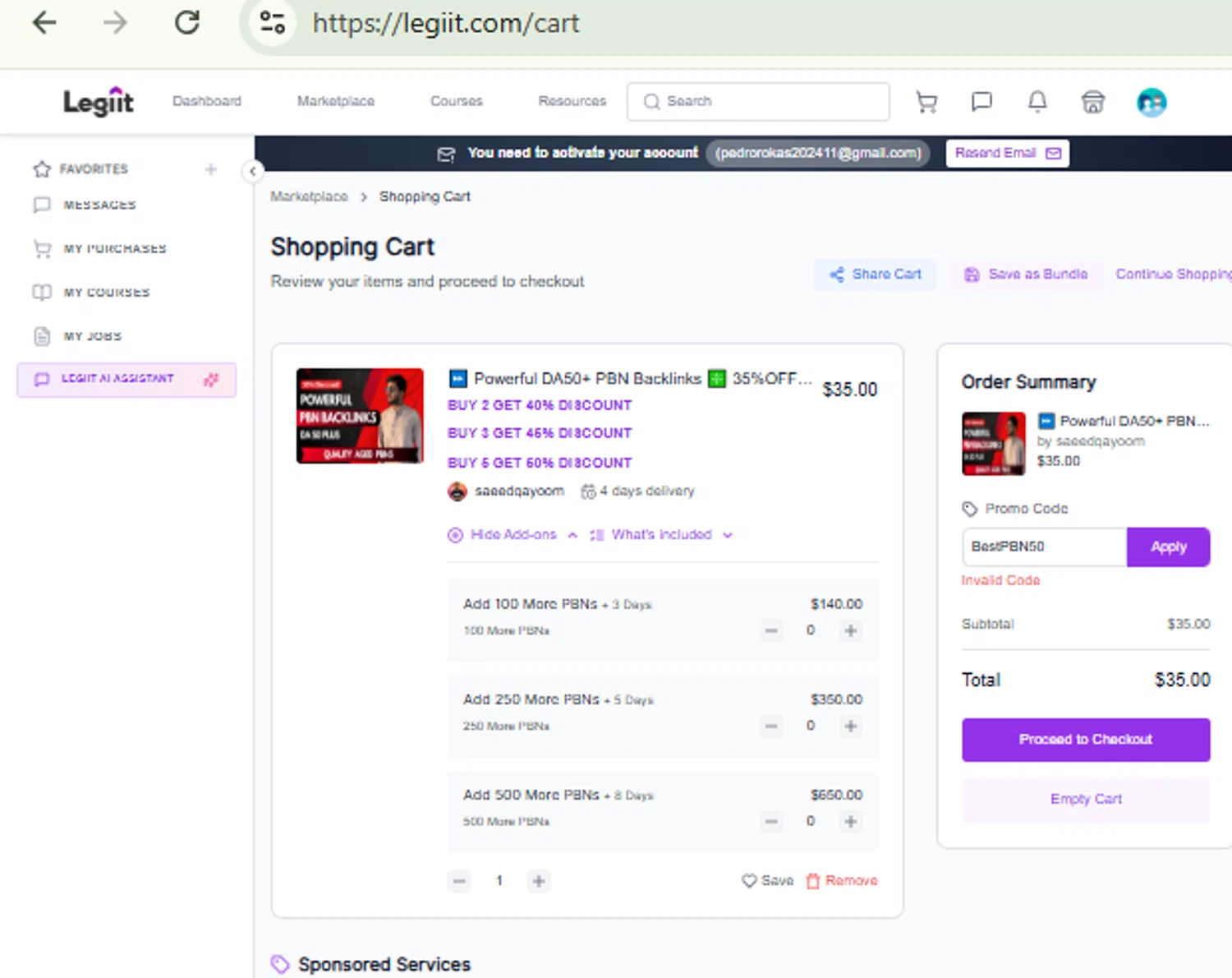 Legiit promo code screenshot showing code BestPBN50 applied at Legiit checkout page. Uploaded by SimplyCodes community member RewardFinder4836 on Feb 16, 2026
