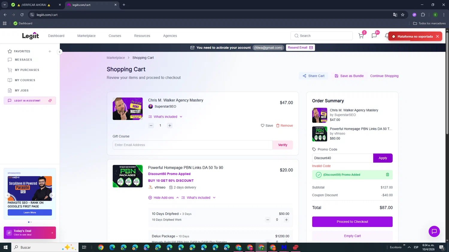 Legiit promo code screenshot showing code Discount40 applied at Legiit checkout page. Uploaded by SimplyCodes community member SwiftSleuth1271 on Apr 10, 2026