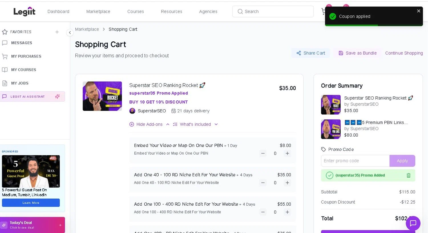 Legiit promo code screenshot showing code superstar35 applied at Legiit checkout page. Uploaded by SimplyCodes community member LAMINEJAMAL on Jan 28, 2026