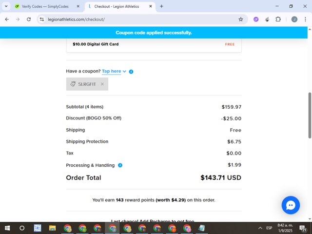 Legion Athletics checkout page showing Legion Athletics promo code box | Screenshot taken by SimplyCodes community member on Sep 1, 2025