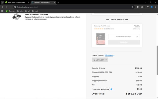 Legion Athletics checkout page showing Legion Athletics promo code box | Screenshot taken by SimplyCodes community member on Sep 1, 2025