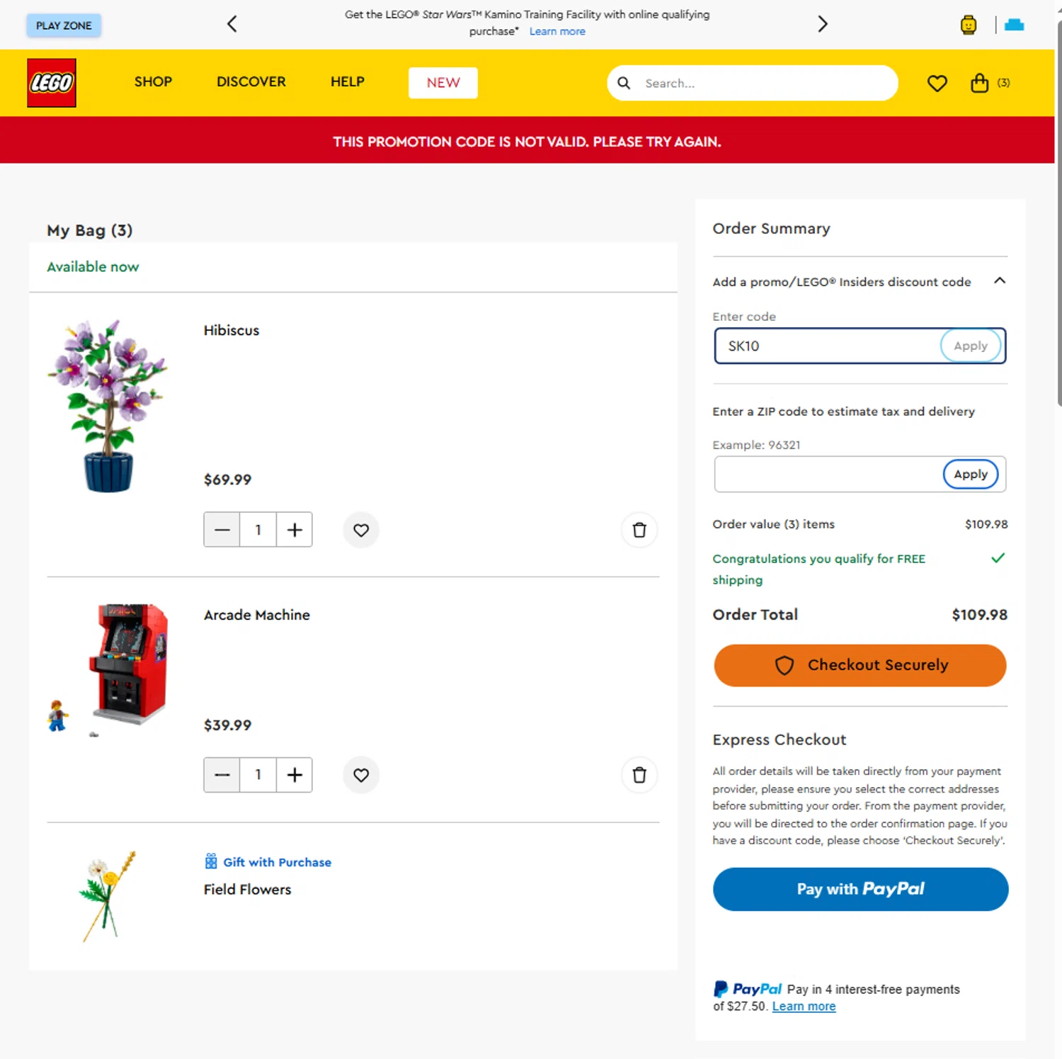 LEGO promo code screenshot showing code SK10 applied at LEGO checkout page. Uploaded by SimplyCodes community member La_Cara_Mia on Aug 3, 2025