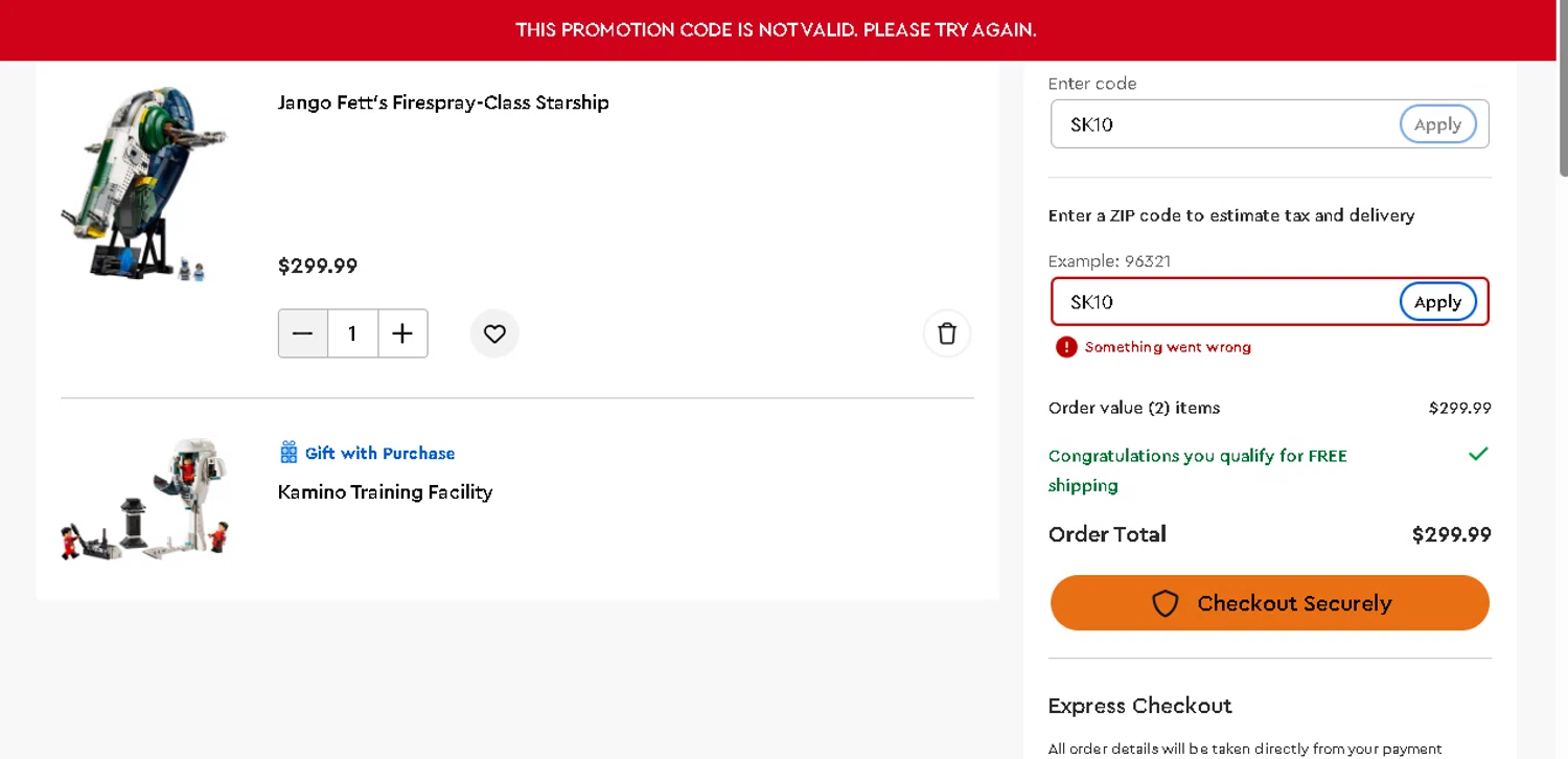 LEGO promo code screenshot showing code SK10 applied at LEGO checkout page. Uploaded by SimplyCodes community member MightyPhoenix5865 on Aug 2, 2025
