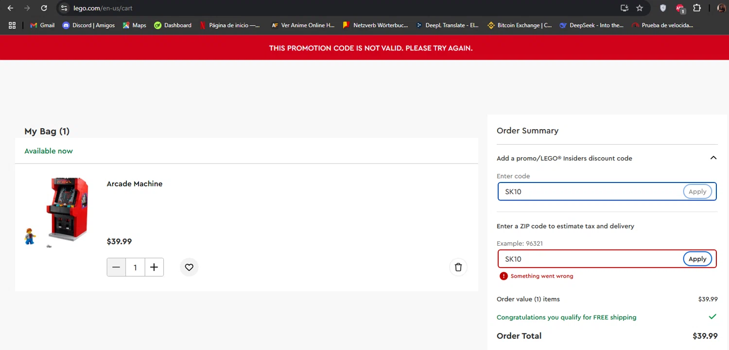 LEGO promo code screenshot showing code SK10 applied at LEGO checkout page. Uploaded by SimplyCodes community member Mulan5674851292422 on Aug 3, 2025