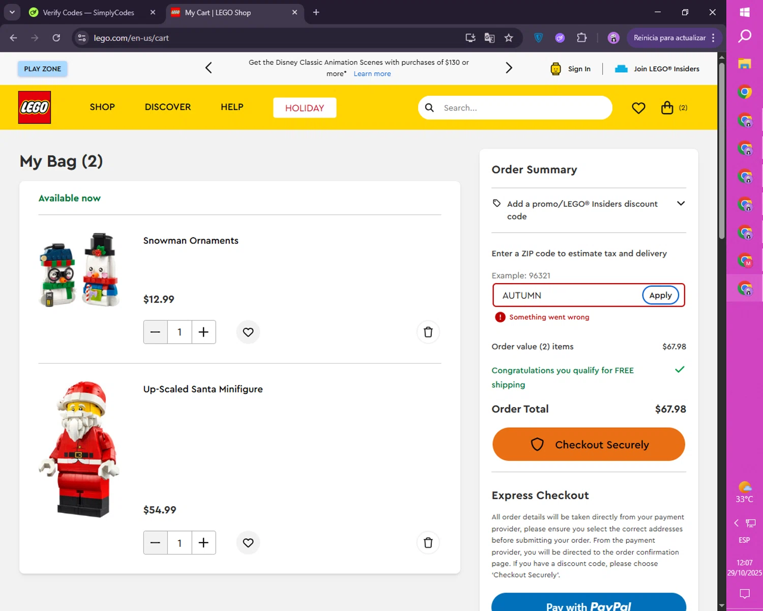 LEGO promo code screenshot showing code AUTUMN applied at LEGO checkout page. Uploaded by SimplyCodes community member FortunateScholar4524 on Oct 29, 2025
