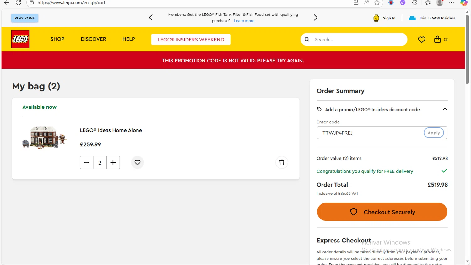 LEGO promo code screenshot showing code TTWJP4FREJ applied at LEGO checkout page. Uploaded by SimplyCodes community member Franco20 on Nov 19, 2025