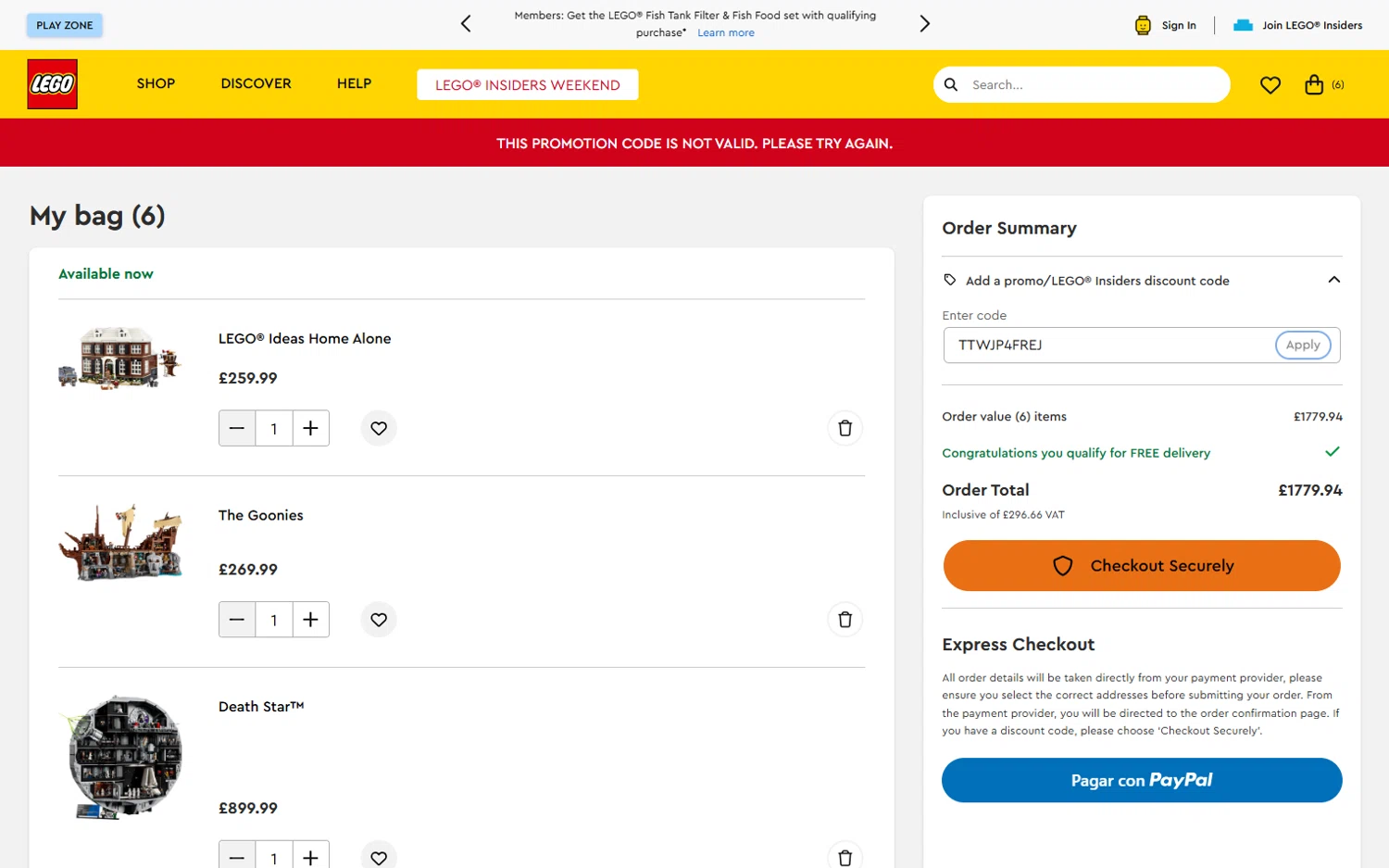 LEGO promo code screenshot showing code TTWJP4FREJ applied at LEGO checkout page. Uploaded by SimplyCodes community member WiseScout3498 on Nov 19, 2025