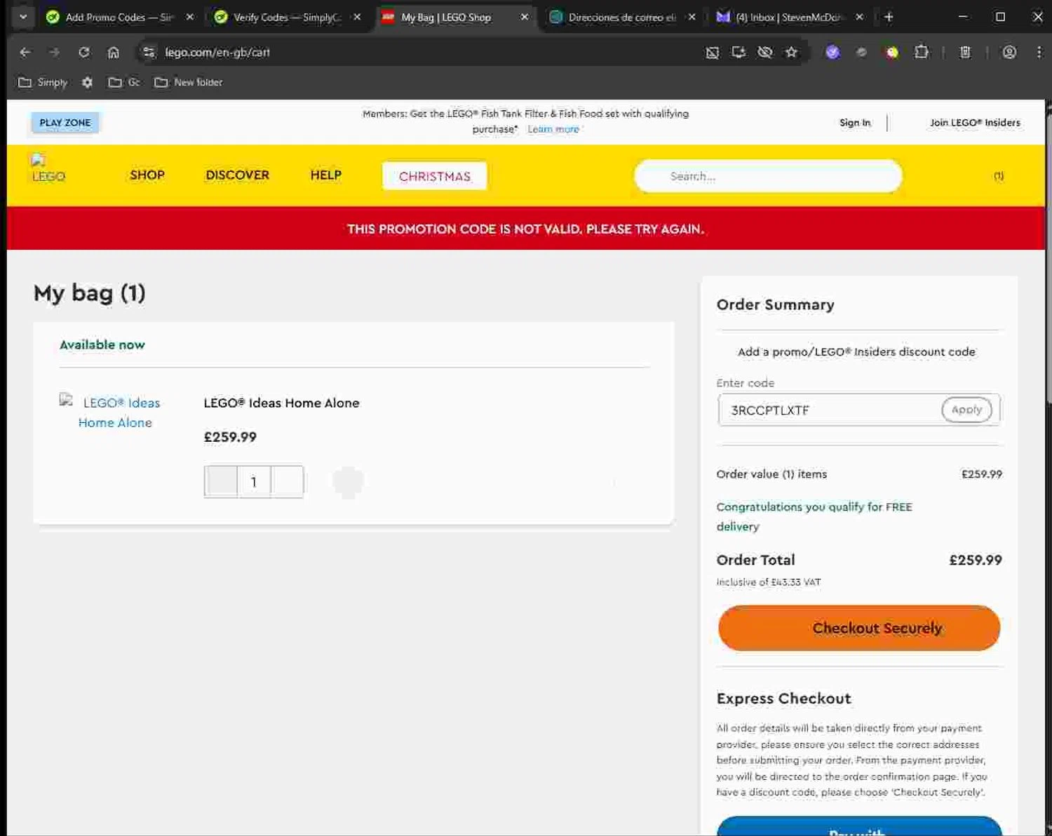 LEGO promo code screenshot showing code 3RCCPTLXTF applied at LEGO checkout page. Uploaded by SimplyCodes community member Deadpool on Nov 17, 2025