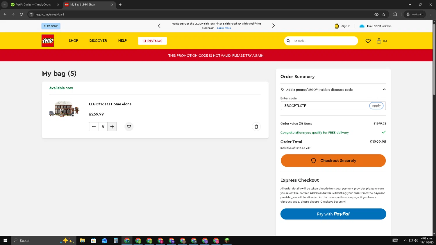 LEGO promo code screenshot showing code 3RCCPTLXTF applied at LEGO checkout page. Uploaded by SimplyCodes community member HAOJIN on Nov 17, 2025