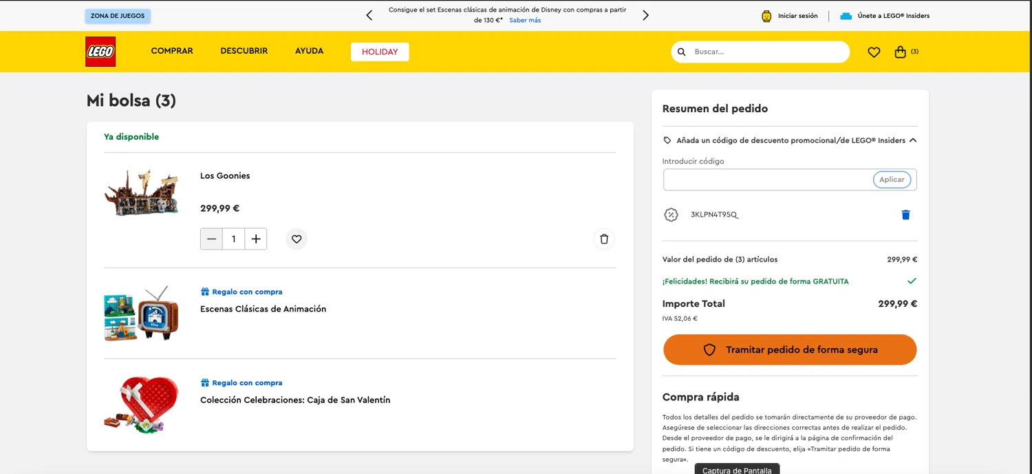 LEGO promo code screenshot showing code 3KLPN4T95Q applied at LEGO checkout page. Uploaded by SimplyCodes community member ELOIN777 on Nov 8, 2025