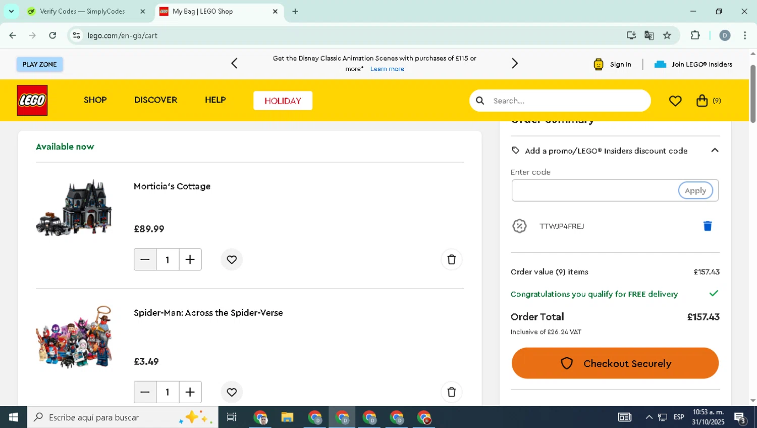 LEGO Education checkout page showing LEGO Education promo code box | Screenshot taken by SimplyCodes community member on Oct 31, 2025