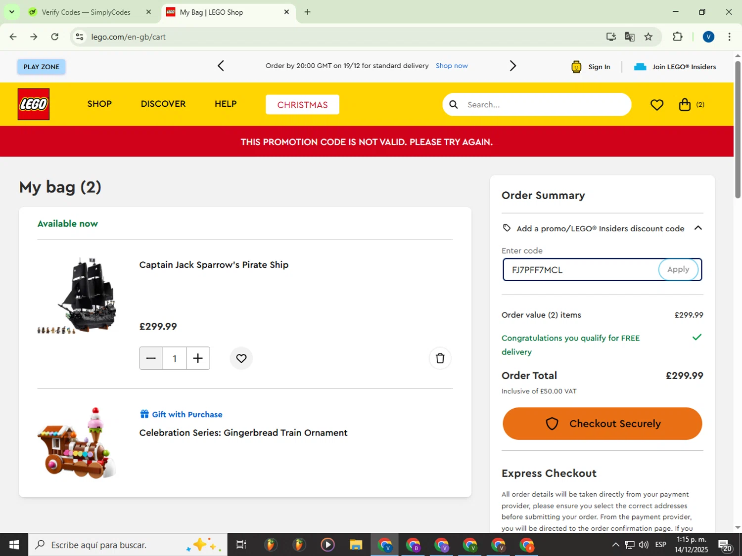 LEGO Education promo code screenshot showing code FJ7PFF7MCL applied at LEGO Education checkout page. Uploaded by SimplyCodes community member Garou_Y2K on Dec 14, 2025