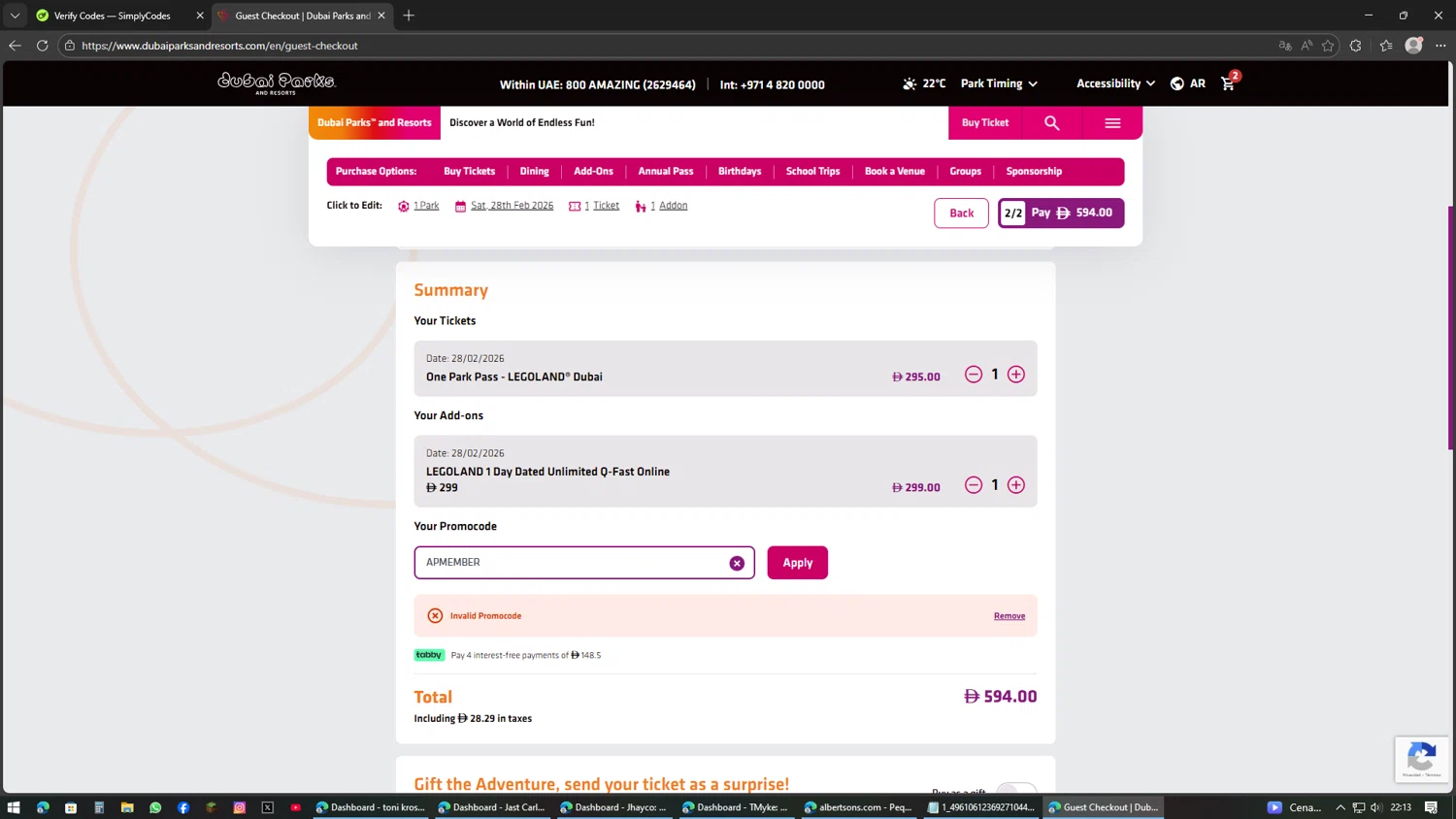 LEGOLAND California promo code screenshot showing code APMEMBER applied at LEGOLAND California checkout page. Uploaded by SimplyCodes community member AVAMUSTANG on Feb 24, 2026