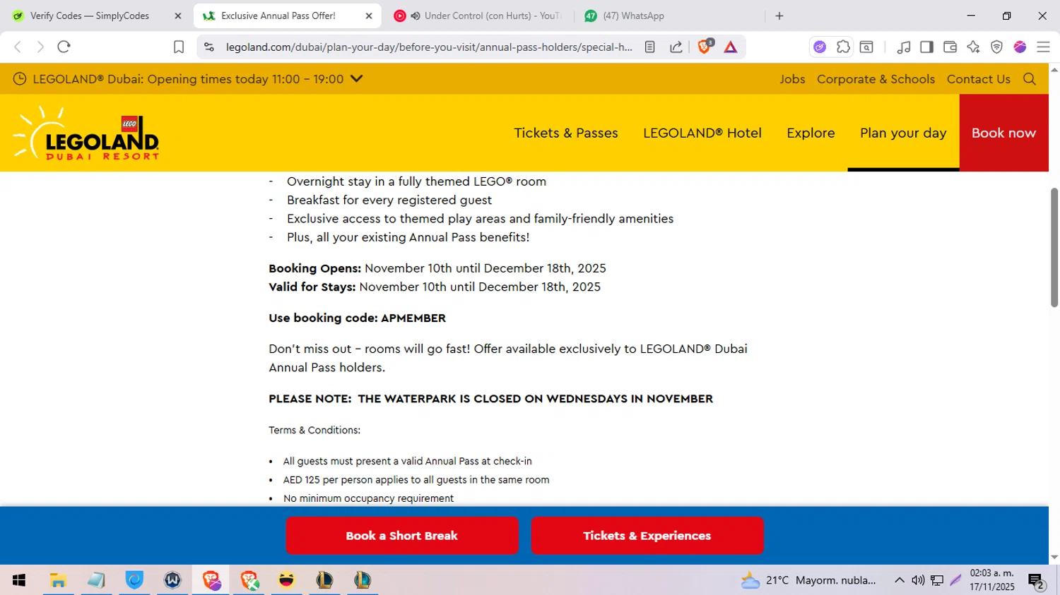 LEGOLAND California promo code screenshot showing code APMEMBER applied at LEGOLAND California checkout page. Uploaded by SimplyCodes community member BargainExpert9390 on Nov 17, 2025