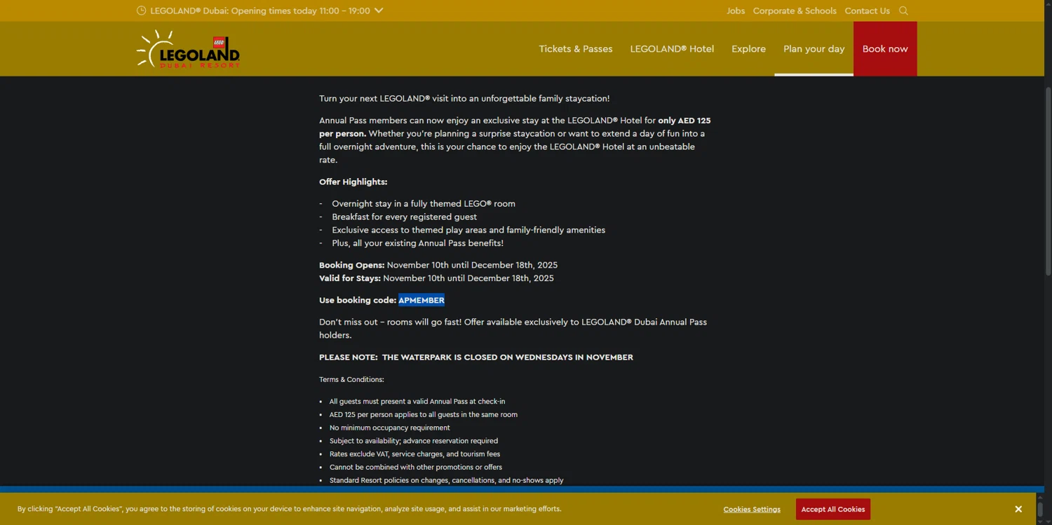 LEGOLAND California promo code screenshot showing code APMEMBER applied at LEGOLAND California checkout page. Uploaded by SimplyCodes community member CrownExpert4084 on Nov 17, 2025
