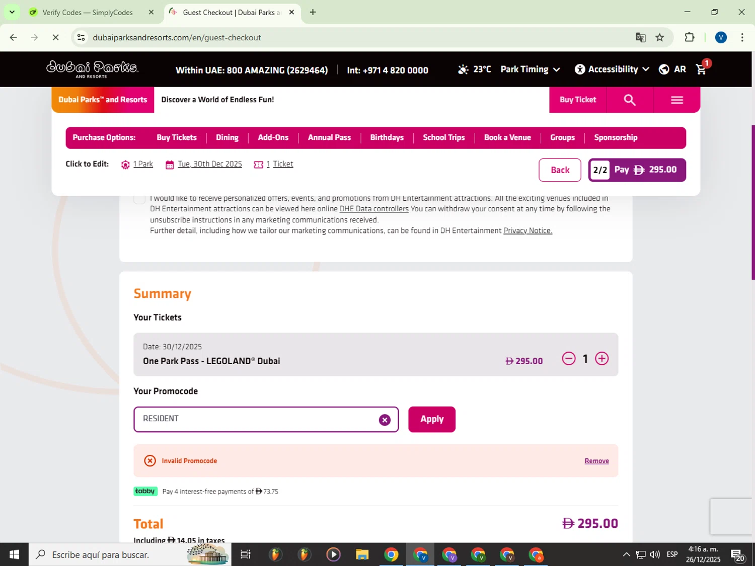 LEGOLAND California promo code screenshot showing code RESIDENT applied at LEGOLAND California checkout page. Uploaded by SimplyCodes community member Garou_Y2K on Dec 26, 2025