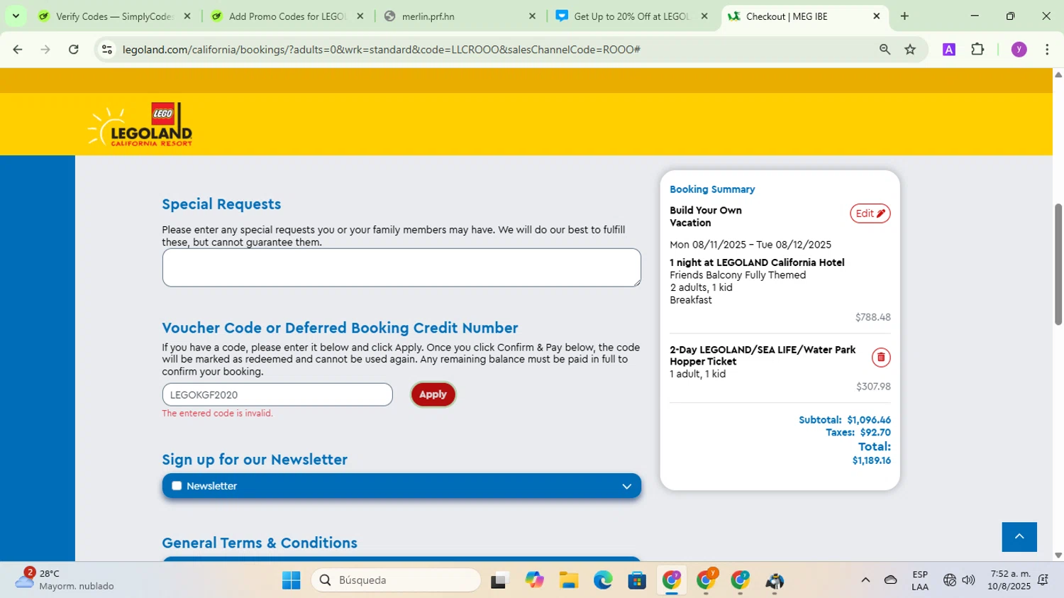 LEGOLAND California promo code screenshot showing code LEGOKGF2020 applied at LEGOLAND California checkout page. Uploaded by SimplyCodes community member yadicg054 on Aug 10, 2025