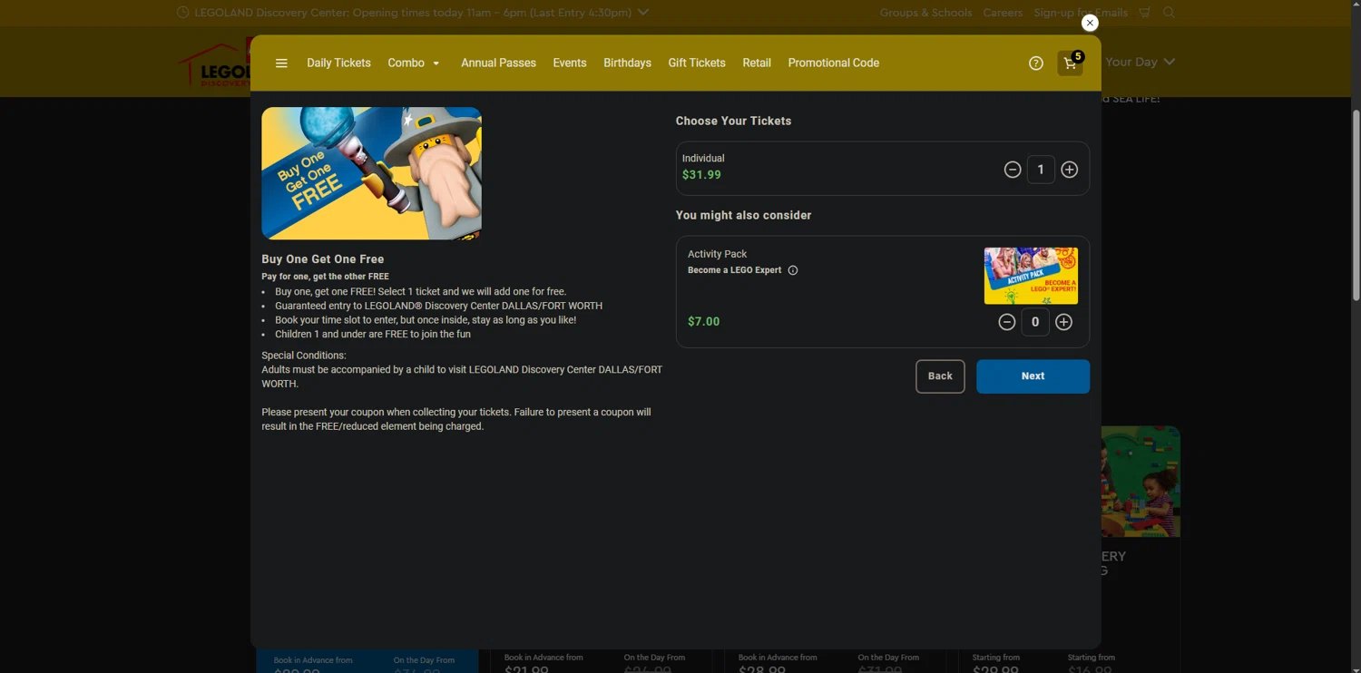 LEGOLAND Discovery Centre Dallas promo code screenshot showing code 169916 applied at LEGOLAND Discovery Centre Dallas checkout page. Uploaded by SimplyCodes community member POWERRANGERRED on Apr 13, 2025