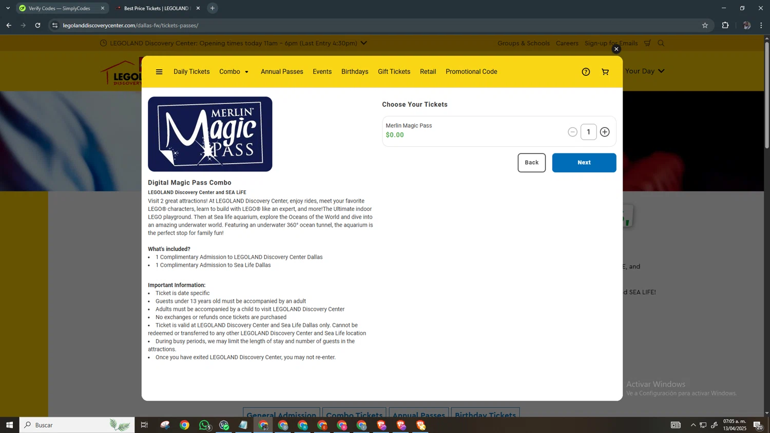 LEGOLAND Discovery Centre Dallas promo code screenshot showing code MMP applied at LEGOLAND Discovery Centre Dallas checkout page. Uploaded by SimplyCodes community member Chamber on Apr 13, 2025