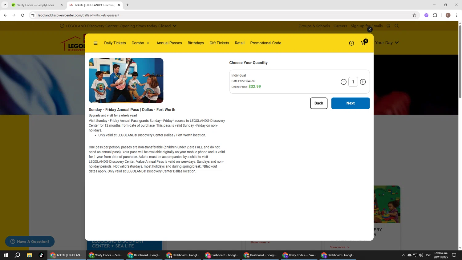 LEGOLAND Discovery Centre Dallas promo code screenshot showing code PVUPGRADE applied at LEGOLAND Discovery Centre Dallas checkout page. Uploaded by SimplyCodes community member BENELLI on Nov 28, 2025