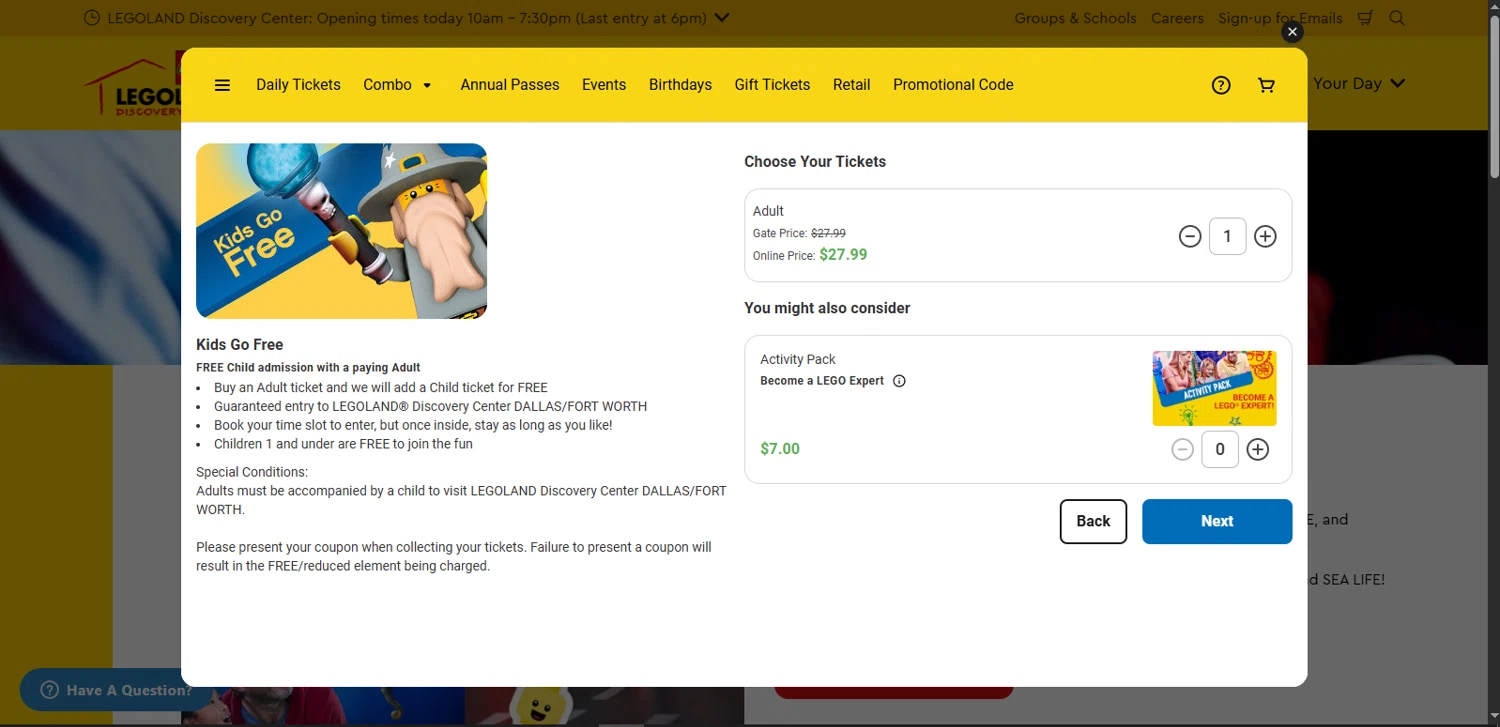 LEGOLAND Discovery Centre Dallas promo code screenshot showing code 259900 applied at LEGOLAND Discovery Centre Dallas checkout page. Uploaded by SimplyCodes community member rapiddeals on Jul 15, 2025