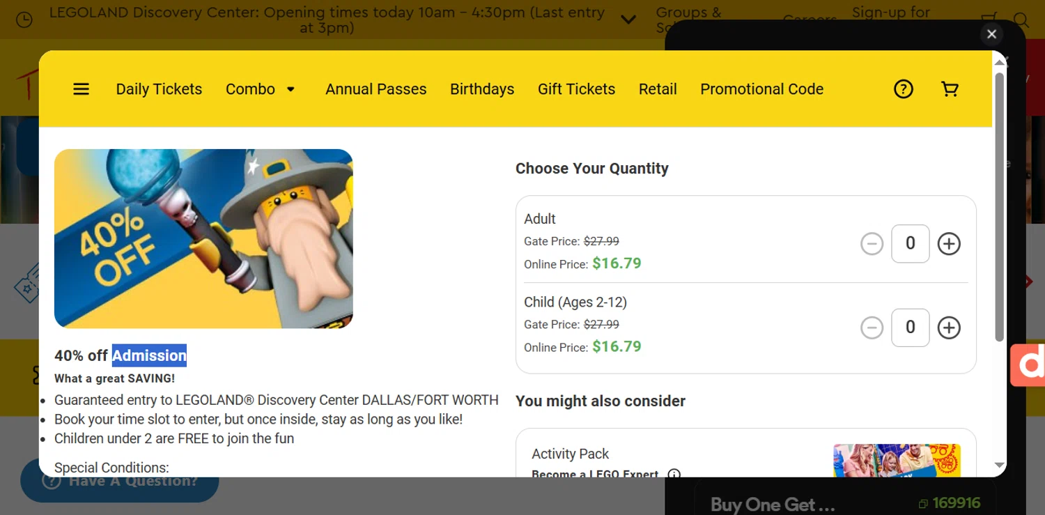 LEGOLAND Discovery Centre Dallas promo code screenshot showing code 259910 applied at LEGOLAND Discovery Centre Dallas checkout page. Uploaded by SimplyCodes community member ESTHER3121 on Oct 9, 2025
