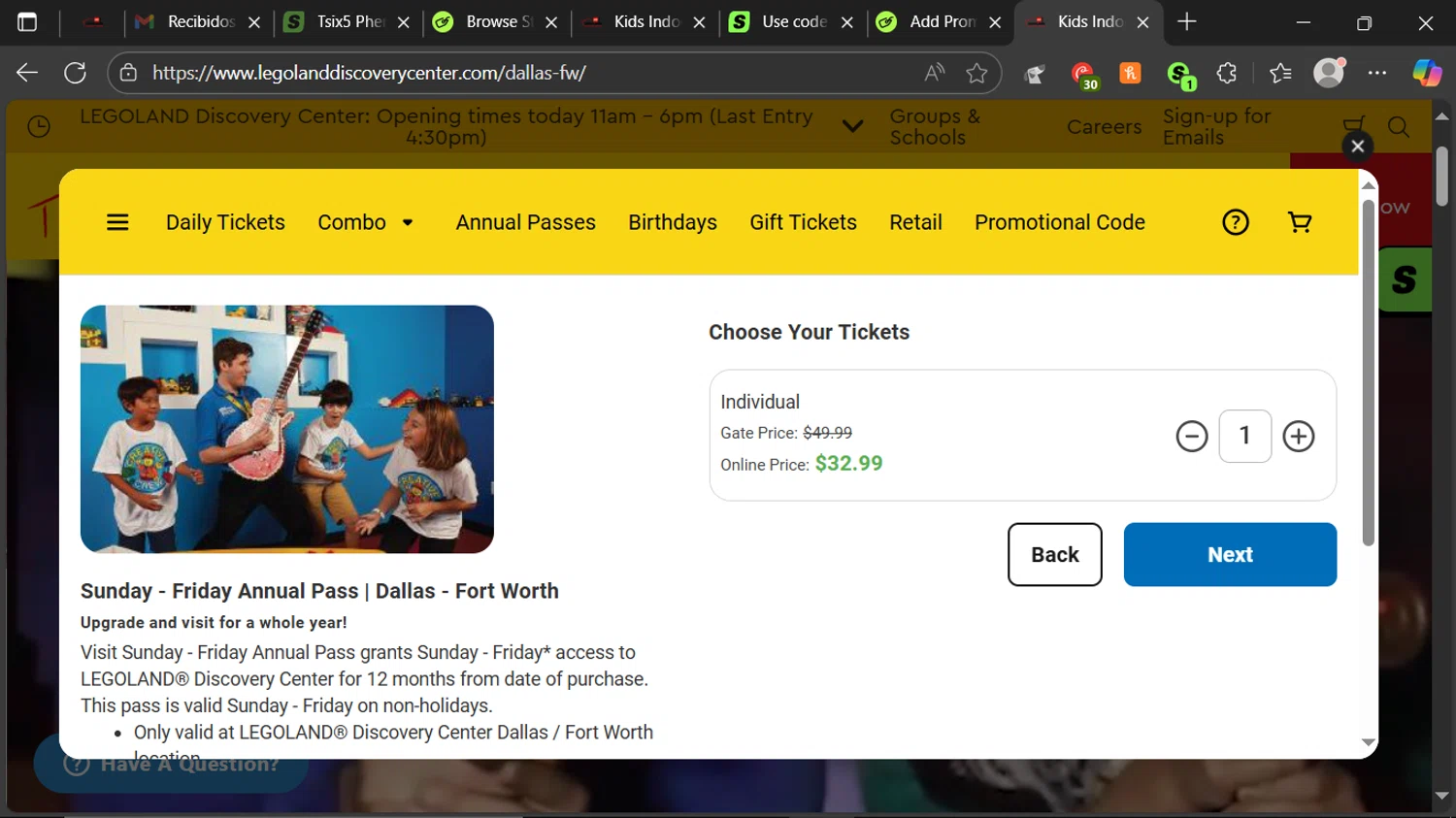 LEGOLAND Discovery Centre Dallas promo code screenshot showing code PVUPGRADE applied at LEGOLAND Discovery Centre Dallas checkout page. Uploaded by SimplyCodes community member ESTHER3121 on Aug 31, 2025