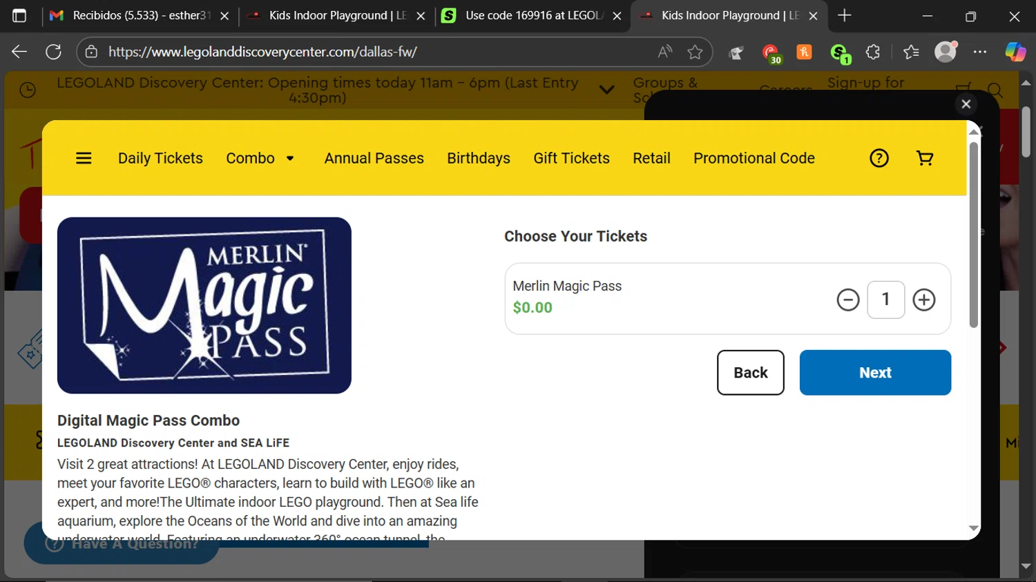 LEGOLAND Discovery Centre Dallas promo code screenshot showing code MMP applied at LEGOLAND Discovery Centre Dallas checkout page. Uploaded by SimplyCodes community member ESTHER3121 on Aug 31, 2025