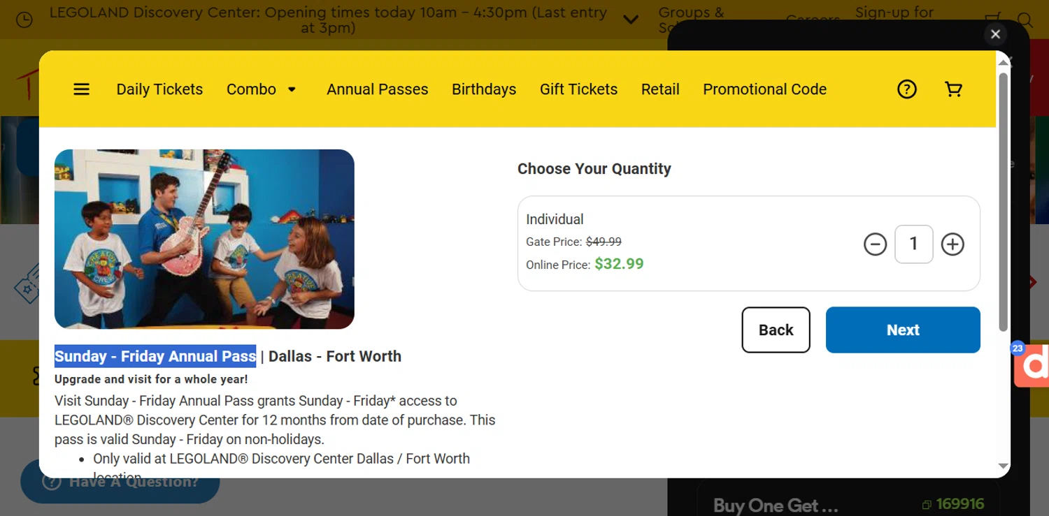 LEGOLAND Discovery Centre Dallas promo code screenshot showing code PVUPGRADE applied at LEGOLAND Discovery Centre Dallas checkout page. Uploaded by SimplyCodes community member ESTHER3121 on Oct 9, 2025