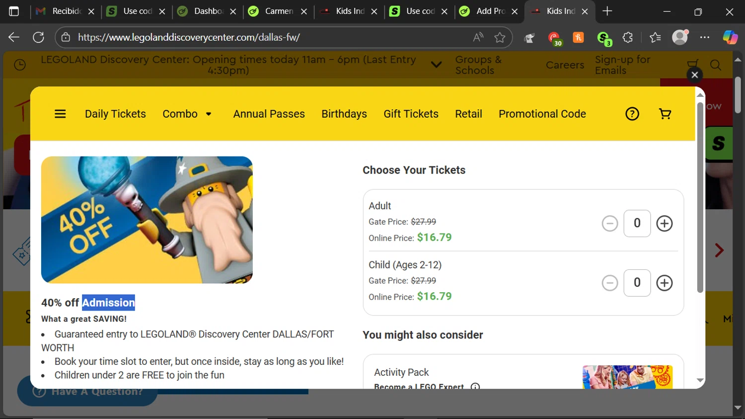 LEGOLAND Discovery Centre Dallas promo code screenshot showing code 259910 applied at LEGOLAND Discovery Centre Dallas checkout page. Uploaded by SimplyCodes community member ESTHER3121 on Aug 31, 2025