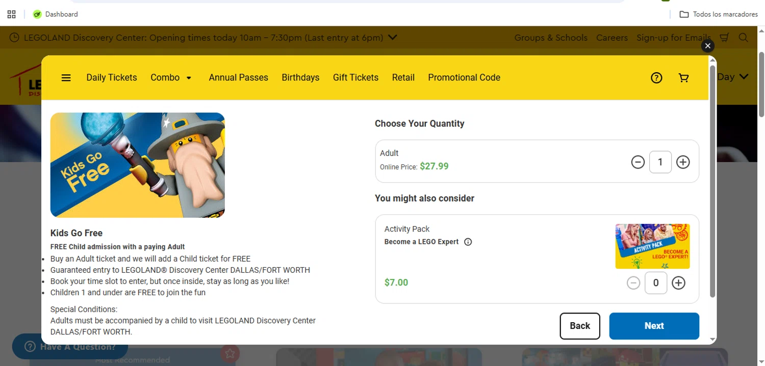 LEGOLAND Discovery Centre Dallas promo code screenshot showing code 259900 applied at LEGOLAND Discovery Centre Dallas checkout page. Uploaded by SimplyCodes community member Speedy on Nov 1, 2025