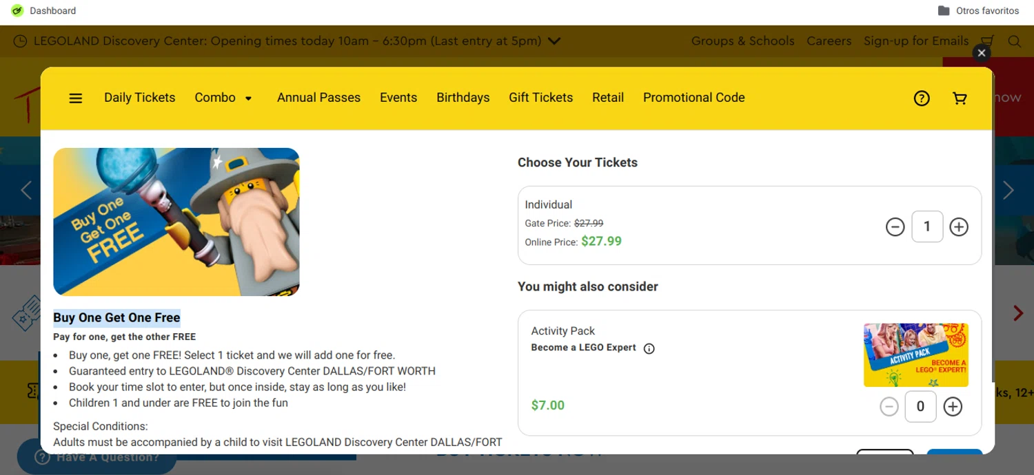 LEGOLAND Discovery Centre Dallas promo code screenshot showing code 169916 applied at LEGOLAND Discovery Centre Dallas checkout page. Uploaded by SimplyCodes community member Speedy on Jul 28, 2025